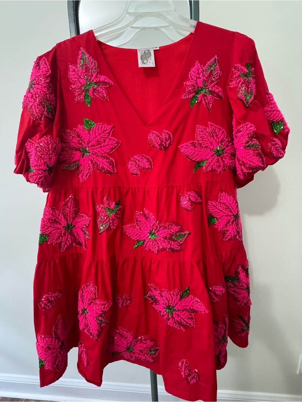 QUEEN OF SPARKLES Red Mini Christmas Dress with Pink Floral Embroidery XL
